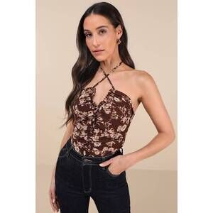 Lulus Creative Essence Brown Floral Cross-front Halter Bodysuit - Size S